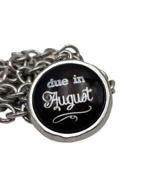 Maternity Due in August Glass Bubble Charm Black Silver-tone Chain 18" Keepsake